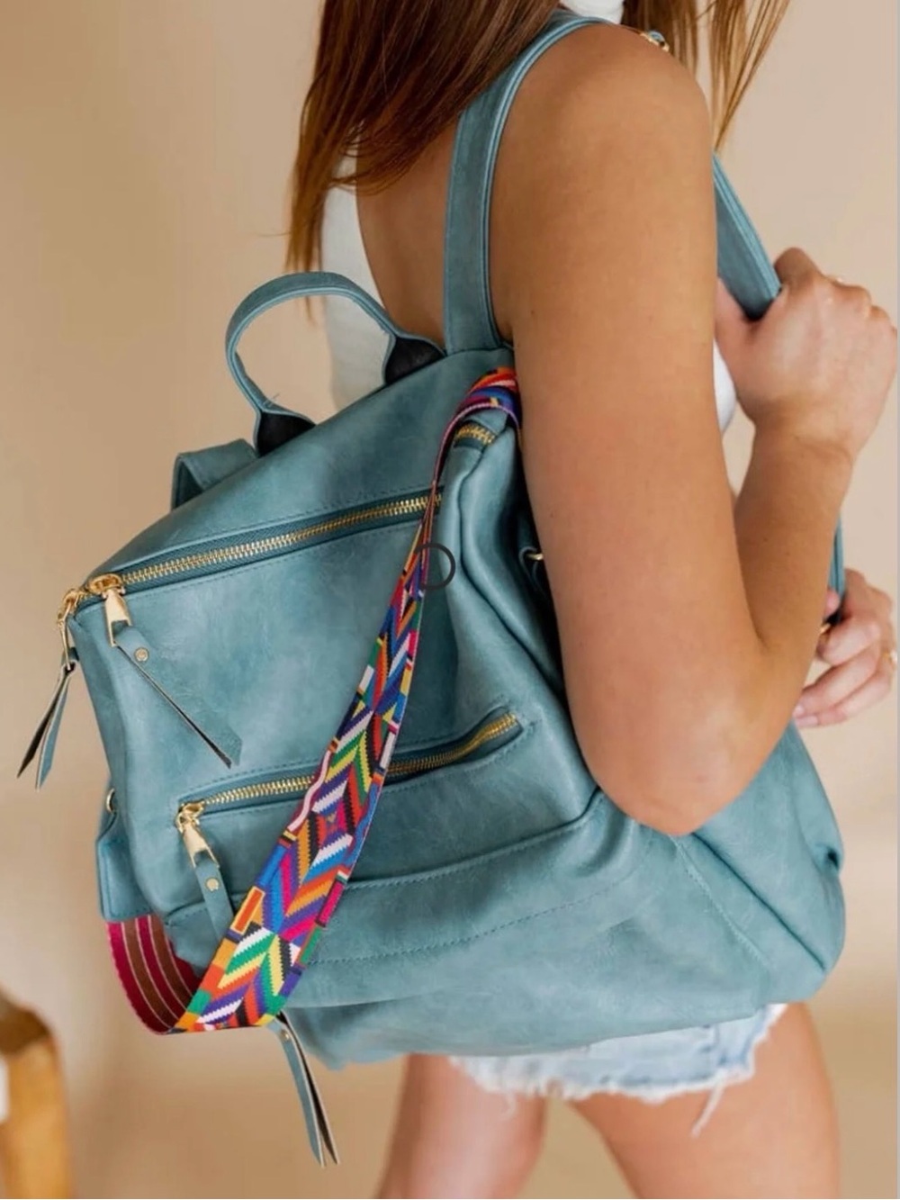 Modern + Chic Brielle Convertible Backpack Sky Blue Vegan Leather w/ Strap